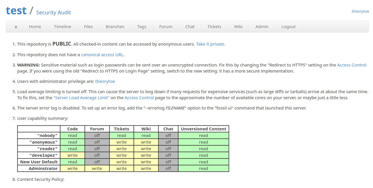 Fossil Security audit page
